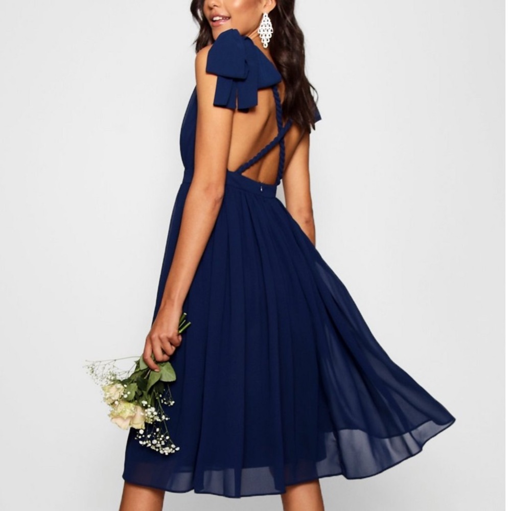 Blue Shoulder Tie Ribbon Midi Dress